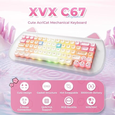 XVX C67 لوحة مفاتيح ميكانيكية لاسلكية بتصميم لطيف، لوحة مفاتيح كريمية للألعاب بنسبة 60% مخصصة QMK/VIA، وضع BT5.0/2.4G/USB-C، مفتاح خطي قابل للتبديل السريع وإضاءة خلفية RGB، حامل حشية لـ Win/Mac(AcriCat، وردي) in Kuwait