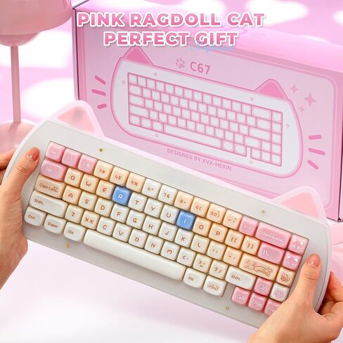 XVX C67 لوحة مفاتيح ميكانيكية لاسلكية بتصميم لطيف، لوحة مفاتيح كريمية للألعاب بنسبة 60% مخصصة QMK/VIA، وضع BT5.0/2.4G/USB-C، مفتاح خطي قابل للتبديل السريع وإضاءة خلفية RGB، حامل حشية لـ Win/Mac(AcriCat، وردي) in Kuwait