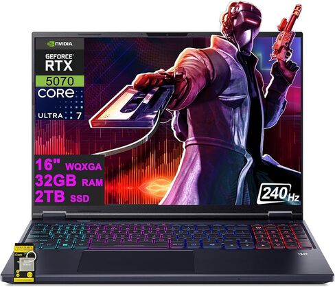 acer Predator Helios Neo 16 AI Gaming Laptop 16" 2560x1600 IPS 240Hz (100% DCI-P3) Intel 24-core Ultra 7 255HX 32GB RAM 1TB SSD GeForce RTX 5070 GDDR7 DLSS4 (Up to 798 AI Tops) Win11 ICP Hub in Saudi Arabia
