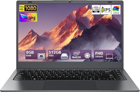 14" FHD Laptop Computer, 8GB RAM 512GB SSD, Celeron N4020 (Up to 2.8GHz), Office Suite, WiFi, BT5, HDMI, RJ45, Long Battery Life, Thin & Portable Laptops for Business, School, Home in Kuwait