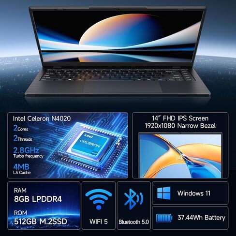 14" FHD Laptop Computer, 8GB RAM 512GB SSD, Celeron N4020 (Up to 2.8GHz), Office Suite, WiFi, BT5, HDMI, RJ45, Long Battery Life, Thin & Portable Laptops for Business, School, Home in Kuwait