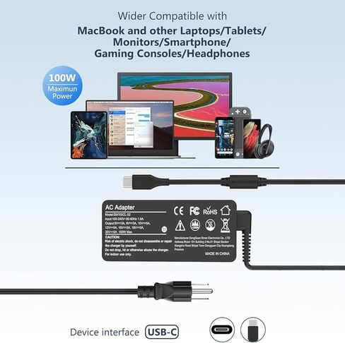100W USB-C Power Adapter Fast Charger,Compatible with Mac Book Pro/Air 16, 15, 14, 13 Inch,Mac Book Air 13 Inch 2021 2020 2019 2018,iPad Pro,HP, Dell, Lenovo,Asus and All USB-C Device in Saudi Arabia