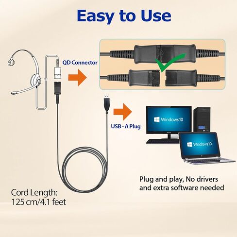 QD to USB Adapter Cable Plantronics QD Connector Compatible with Plantronics Quick Disconnect Wired Headset to USB Type A Plug Cord, Works for Computer Laptop PC Mac VoIP Softphone in Kuwait