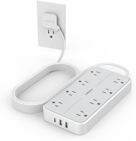 TESSAN Power Strip Surge Protector, 6FT Flat Plug Extension Cord | 8 Outlets 3 USB Charger 1 USB C, 1080 Joules Protection, Wall Mountable for Home Office School Dorm Room Essentials, Gray in Saudi Arabia