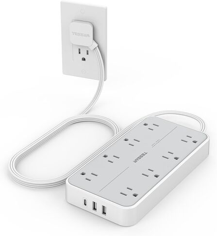 Flat Plug 15 FT Extension Cord, TESSAN Surge Protector Power Strip with 8 AC and 3 USB Ports, 1875W, 15A, 1080J, Wall Mount Widely Spaced Charging Station for Home, Office, Indoor, School, Dorm Room in Saudi Arabia