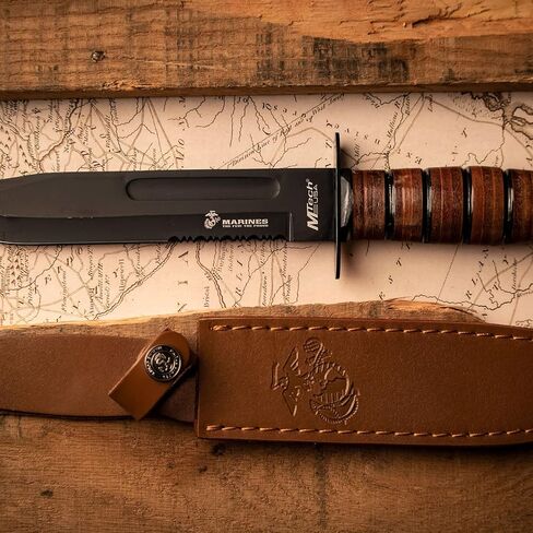 MTech USA – Fixed Blade Knife – Black, Partially Serrated Blade, Leather Wrapped Handle, Includes Leather Sheath with U.S. Marines Logo, Hunting, Camping, Survival, Tactical, EDC - MT-122MR in Kuwait