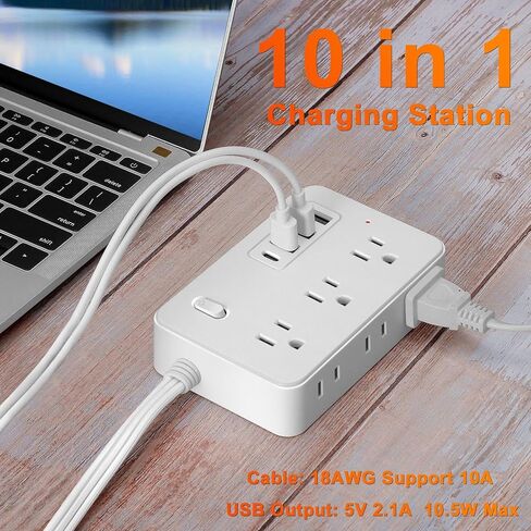 10-in-1 Compact Power Strip, 10ft Flat Plug Surge Protector, 6 AC Outlets,4 USB Ports (1 Type-C Ports) Extension Cable, One-Button Switch, Convenient to Carry, Suitable for Home in Kuwait