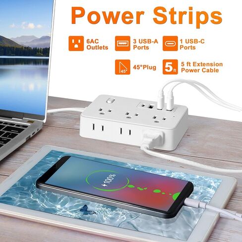 10-in-1 Compact Power Strip, 10ft Flat Plug Surge Protector, 6 AC Outlets,4 USB Ports (1 Type-C Ports) Extension Cable, One-Button Switch, Convenient to Carry, Suitable for Home in Kuwait