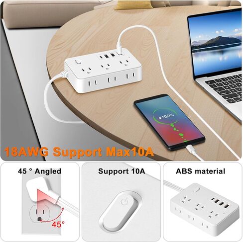 10-in-1 Compact Power Strip, 10ft Flat Plug Surge Protector, 6 AC Outlets,4 USB Ports (1 Type-C Ports) Extension Cable, One-Button Switch, Convenient to Carry, Suitable for Home in Kuwait