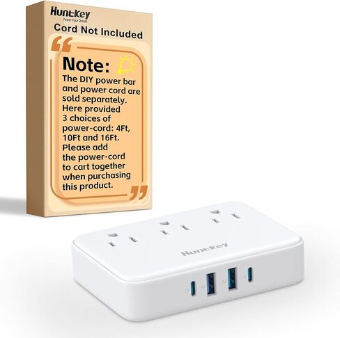 شريط طاقة مبتكر، تصميم قابل للإزالة، Huntkey 3 منافذ غير قابلة للارتفاع للرحلات البحرية، شريط طاقة للسفر مع 4 منافذ USB (2 USB-C، 2 USB-A)، قائمة ETL، تخصيص طول السلك in Kuwait