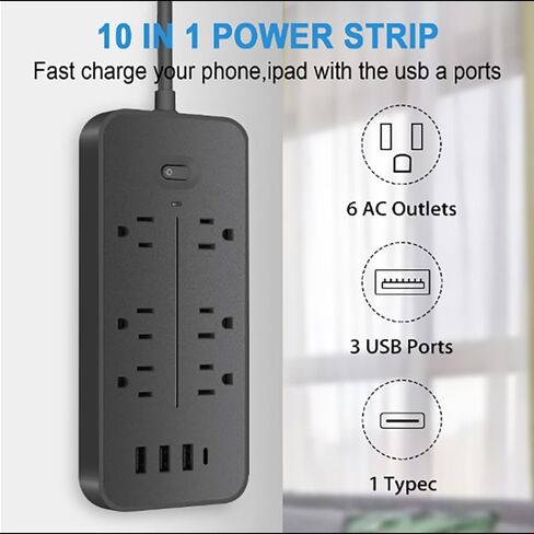 Socket Extender Surge Protector with 4 Ports (3 USB&1 Type-c), Used for Multiple Devices, Essential for Home, Office and Dormitory use，Black in Kuwait