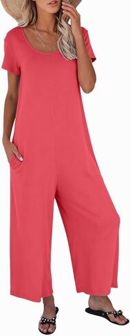 Womens Summer Casual Jumpsuit Short Sleeve Crewneck Long Pants Rompers Overalls with Pockets in Saudi Arabia