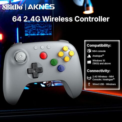 8بيتدو | وحدة تحكم لاسلكية AKNES 64 2.4G لوحدة التحكم N64 الأصلية، عصا التحكم بتأثير القاعة، جهاز استقبال لاسلكي متضمن، دعم توربو والاهتزاز، متوافق مع N64، تناظري ثلاثي الأبعاد، Windows (رمادي) in Kuwait