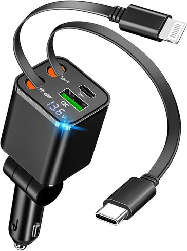 شاحن سيارة قابل للسحب، شاحن هاتف USB-C سريع الشحن بقدرة 120 واط للسيارة، كابلات 4 في 1 مزدوجة من النوع C ومنفذ USB-A QC، شاحن سيارة لهاتف iPhone 17/16/15/14/13 هدايا أساسيات السفر من سامسونج للنساء والرجال in Kuwait