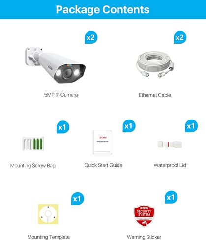 كاميرا ZOSI C182 5MP 3K PoE Bullet IP، حزمة من 2 كاميرا أمان IP إضافية في الهواء الطلق، رؤية ليلية Starlight Colar، اكتشاف الإنسان/المركبة، أضواء كاشفة وإنذارات صفارات الإنذار، محادثة ثنائية الاتجاه (تعمل فقط NVR) in Kuwait