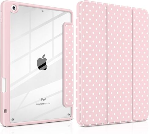 for iPad 9th 8th 7th Generation 10.2 Inch 2021 2020 2019 Case -[Built-in Pencil Holder], Shockproof Clear Hard Back, Slim Trifold Stand, Auto Wake/Sleep, for Girls teen Women, Pink white dot in Kuwait
