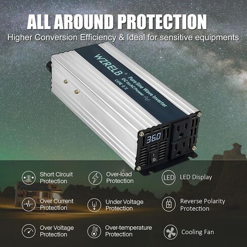 WZRELB 1200W محول موجة جيبية نقية 36V DC إلى 110V 120V AC محول طاقة مع شاشة LED، وحدة تحكم عن بعد، عاكس طاقة خارج الشبكة 2400W Surge للمنزل، RV، الشاحنة، التخييم in Kuwait
