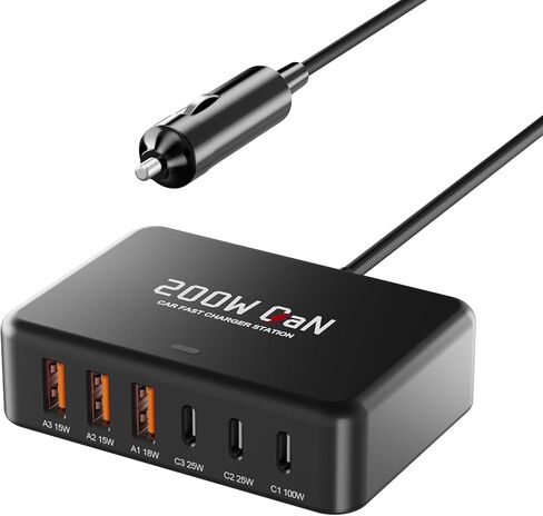 شاحن سيارة USB C، شاحن سيارة 200 واط GaN 6 منافذ USB C لأجهزة MacBook Pro/Air، Dell/Lenovo Laptop، PD3.0/PPS لسلسلة iPhone 17/16/15، iPad، Samsung Galaxy S25 Ultra / S24 Series والمزيد in Kuwait