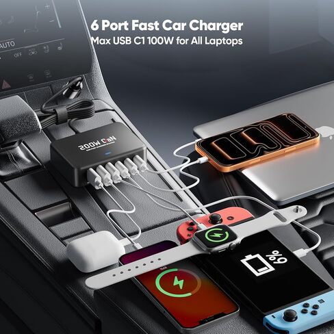 شاحن سيارة USB C، شاحن سيارة 200 واط GaN 6 منافذ USB C لأجهزة MacBook Pro/Air، Dell/Lenovo Laptop، PD3.0/PPS لسلسلة iPhone 17/16/15، iPad، Samsung Galaxy S25 Ultra / S24 Series والمزيد in Kuwait