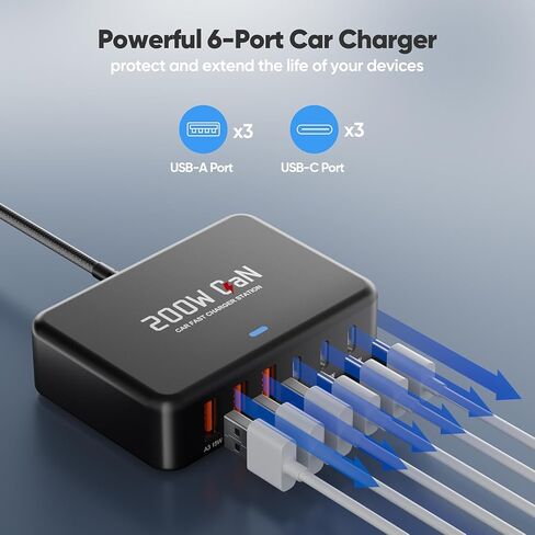 شاحن سيارة USB C، شاحن سيارة 200 واط GaN 6 منافذ USB C لأجهزة MacBook Pro/Air، Dell/Lenovo Laptop، PD3.0/PPS لسلسلة iPhone 17/16/15، iPad، Samsung Galaxy S25 Ultra / S24 Series والمزيد in Kuwait