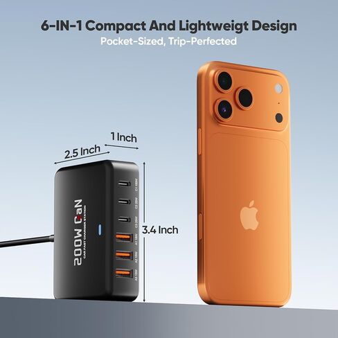 شاحن سيارة USB C، شاحن سيارة 200 واط GaN 6 منافذ USB C لأجهزة MacBook Pro/Air، Dell/Lenovo Laptop، PD3.0/PPS لسلسلة iPhone 17/16/15، iPad، Samsung Galaxy S25 Ultra / S24 Series والمزيد in Kuwait