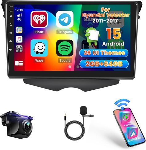 راديو 4+128 جيجا لسيارة Hyundai Veloster 2011-2017، راديو بلوتوث بشاشة لمس 9 بوصة مع CarPlay لاسلكي/Android Auto، 5 جيجا هرتز واي فاي، بلوتوث 5.0، EQ، ملاحة GPS، 1280 * 720، كاميرا احتياطية in Kuwait