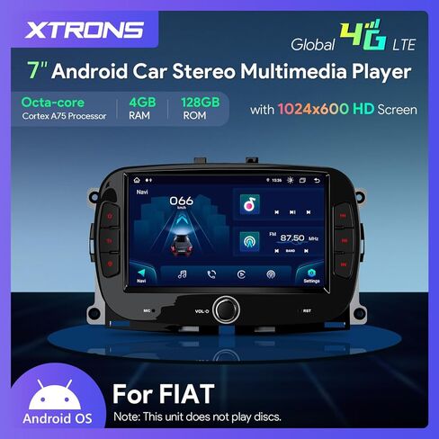 XTRONS Android Car Stereo for Fiat 500 2016-2019, 7" IPS Touchscreen Octa Core Head Unit, 4+128GB Car Radio, Wireless CarPlay & Android Auto, GPS Navigation, 4G LTE, Built-in DSP 4x48W, Bluetooth in Kuwait