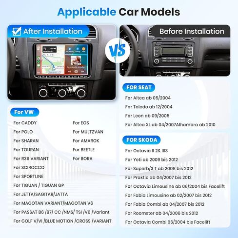 Podofo Android 15 Car Stereo Radio & 52-Pin Wiring Harness Kit for VW Passat Golf Jetta Tiguan, 9" IPS Touch Screen with Wireless CarPlay Android Auto, AHD Backup Camera, 3 Power Cables (36/40/52-Pin) in Kuwait