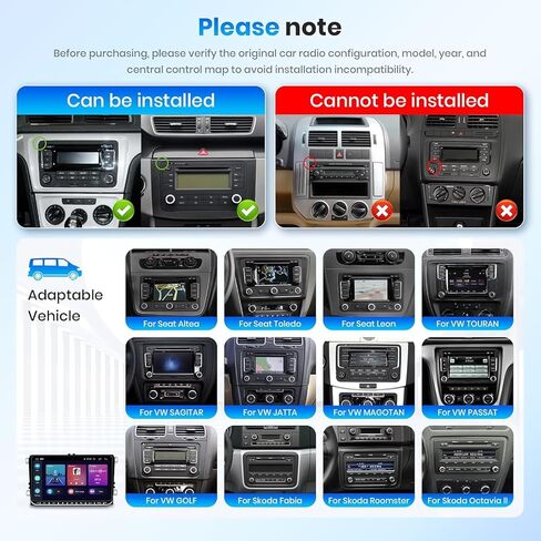 Podofo Android 15 Car Stereo Radio & 52-Pin Wiring Harness Kit for VW Passat Golf Jetta Tiguan, 9" IPS Touch Screen with Wireless CarPlay Android Auto, AHD Backup Camera, 3 Power Cables (36/40/52-Pin) in Kuwait