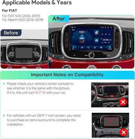 XTRONS Android Car Stereo for Fiat 500 2016-2019, 7" IPS Touchscreen Octa Core Head Unit, 4+128GB Car Radio, Wireless CarPlay & Android Auto, GPS Navigation, 4G LTE, Built-in DSP 4x48W, Bluetooth in Kuwait