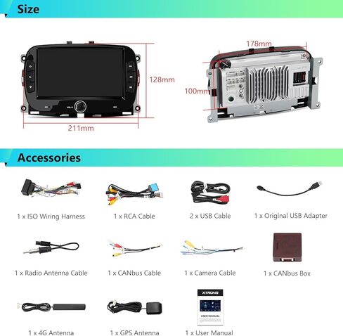 XTRONS Android Car Stereo for Fiat 500 2016-2019, 7" IPS Touchscreen Octa Core Head Unit, 4+128GB Car Radio, Wireless CarPlay & Android Auto, GPS Navigation, 4G LTE, Built-in DSP 4x48W, Bluetooth in Kuwait