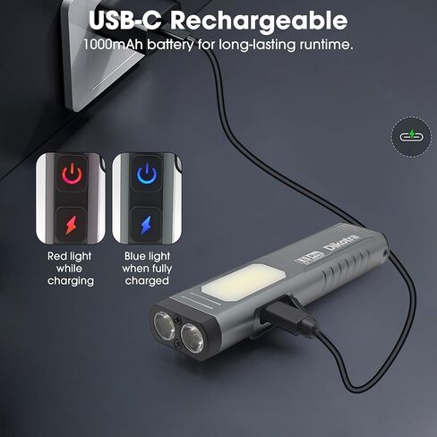 مصباح يدوي EDC قابل لإعادة الشحن، 800 لومن USB-C LED مع ضوء COB، 7 أوضاع، مفتاح مزدوج، قاعدة مغناطيسية، إنذار الصافرة، مشبك جيب للتخييم، المشي لمسافات طويلة، الإصلاح، الطوارئ in Saudi Arabia