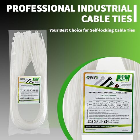 Long Zip Ties Heavy Duty 26 inch, Cable Management Zip Ties White 60 Pack, High Strength 60 lbs Cable Ties UV Resistant durable for Outdoor Securing, Indoor Wire Ties Wraps. in Kuwait