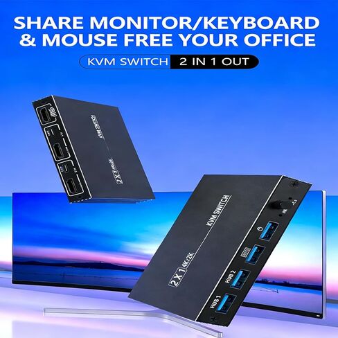 KVM Display Port Switcher 2 Ports 4K 60Hz Aluminum Alloy USB C Hub for Keyboard Mouse Printer Sharing Between 2 Systems in Kuwait