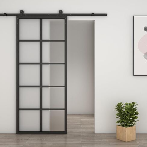 24 in. x 84 in. 10-Lite Frosted Glass Black Aluminum Assembly Requied Interior Sliding Barn Door with Hardware Kit in Kuwait