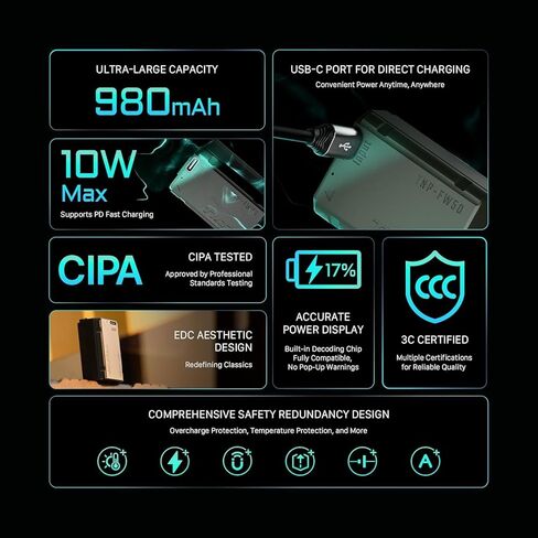 Tilta NP-FW50 Battery with USB-C Input (980mAh) - Green | Works with RX10 III, RX10 IV, ZV-E10, A6100, A6300, A6500, A6400, A5100, A6000, A7R, A7RII, A7S, A7SII, A7, A7 II, RX10 in Kuwait