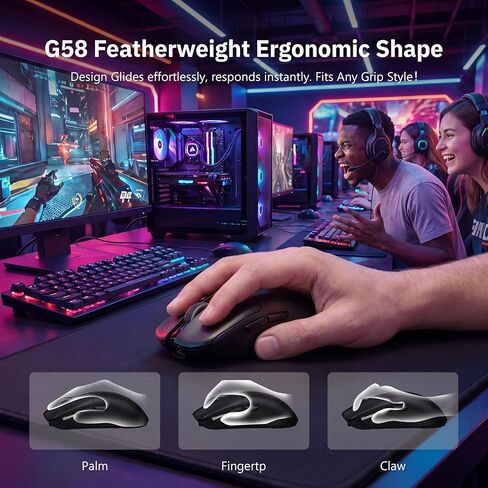 ماوس ألعاب لاسلكي Keymatic G58، 24000 نقطة في البوصة، خفيف الوزن، ماوس لاسلكي قابل لإعادة الشحن ثلاثي الوضع مع 4 أزرار قابلة للبرمجة، شاشة LCD، بطارية مزدوجة قابلة لإعادة الشحن متوافقة مع الكمبيوتر الشخصي، Mac-أسود in Kuwait