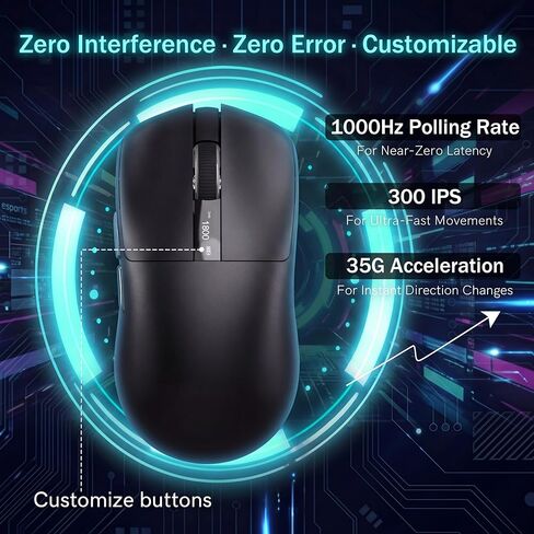 ماوس ألعاب لاسلكي Keymatic G58، 24000 نقطة في البوصة، خفيف الوزن، ماوس لاسلكي قابل لإعادة الشحن ثلاثي الوضع مع 4 أزرار قابلة للبرمجة، شاشة LCD، بطارية مزدوجة قابلة لإعادة الشحن متوافقة مع الكمبيوتر الشخصي، Mac-أسود in Kuwait