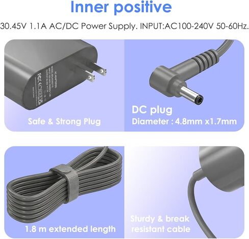 شاحن بديل 30.45 فولت لـ Dyson V10 V11 V12 V15 SV12 SV14 SV16 SV20 SV22 مكنسة كهربائية لاسلكية برأس محرك الحيوان المطلق، قابس تيار مستمر 4.8×1.7 مم، غير متوافق مع Dyson V6 V7 V8 in Kuwait
