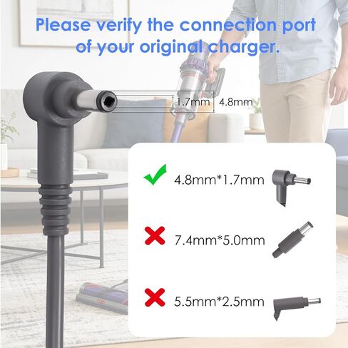 شاحن بديل 30.45 فولت لـ Dyson V10 V11 V12 V15 SV12 SV14 SV16 SV20 SV22 مكنسة كهربائية لاسلكية برأس محرك الحيوان المطلق، قابس تيار مستمر 4.8×1.7 مم، غير متوافق مع Dyson V6 V7 V8 in Kuwait