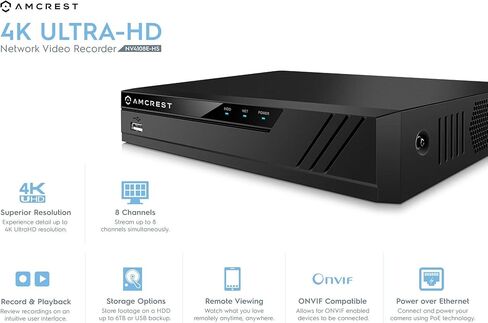 نظام كاميرا أمان Amcrest 4K مع 4K 8CH PoE NVR، (4) × 4K (8 ميجابيكسل) IP67 كاميرات IP POE IP مقاومة للطقس (3840x2160)، عدسة زاوية واسعة 2.8 مم، NV4108E-IP8M-T2599EW4 (أبيض) in Kuwait