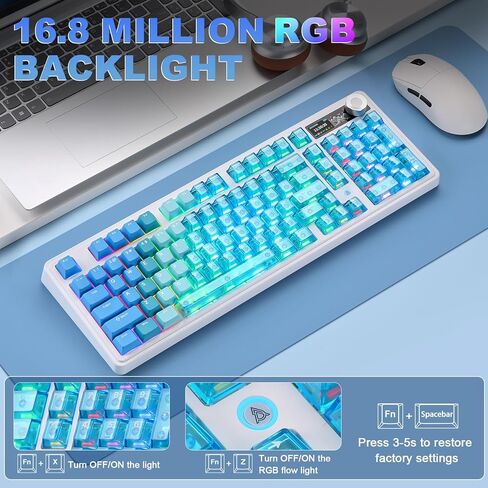 لوحة مفاتيح ميكانيكية AJAZZ AK980 V2 Pro 98% مزدوجة 8K، لوحة مفاتيح ألعاب لاسلكية ثلاثية الوضع 10000 مللي أمبير مع شاشة ذكية ومقبض، قابلة للتبديل السريع BT/2.4G/USB-C لـ Win/Mac (أزرق، مفتاح Lychee) in Kuwait