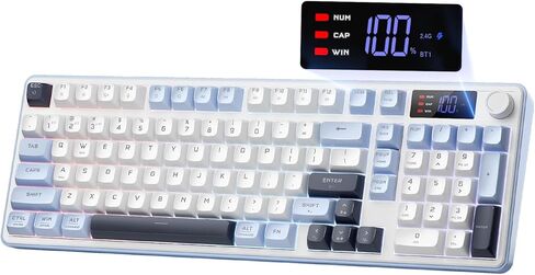 Redragon Wireless Gaming Keyboard, 98-Key Tri-Mode (BT/2.4G/Wired) RGB Computer Keyboard with Knob & Display, Fade-Resistant PBT Keycaps & 4000mAh Battery, Compatible with Windows/Mac - White Blue in Kuwait