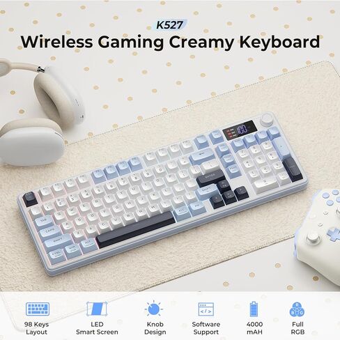 Redragon Wireless Gaming Keyboard, 98-Key Tri-Mode (BT/2.4G/Wired) RGB Computer Keyboard with Knob & Display, Fade-Resistant PBT Keycaps & 4000mAh Battery, Compatible with Windows/Mac - White Blue in Kuwait