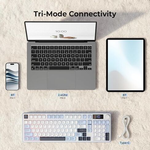 Redragon Wireless Gaming Keyboard, 98-Key Tri-Mode (BT/2.4G/Wired) RGB Computer Keyboard with Knob & Display, Fade-Resistant PBT Keycaps & 4000mAh Battery, Compatible with Windows/Mac - White Blue in Kuwait