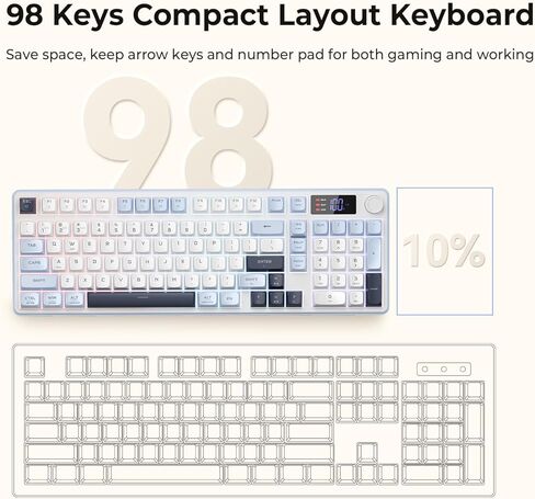 Redragon Wireless Gaming Keyboard, 98-Key Tri-Mode (BT/2.4G/Wired) RGB Computer Keyboard with Knob & Display, Fade-Resistant PBT Keycaps & 4000mAh Battery, Compatible with Windows/Mac - White Blue in Kuwait
