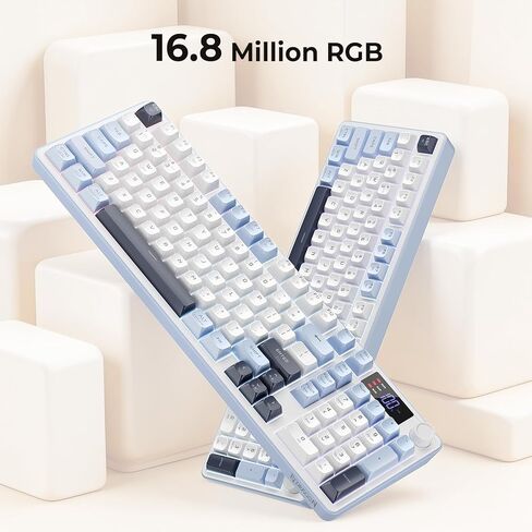 Redragon Wireless Gaming Keyboard, 98-Key Tri-Mode (BT/2.4G/Wired) RGB Computer Keyboard with Knob & Display, Fade-Resistant PBT Keycaps & 4000mAh Battery, Compatible with Windows/Mac - White Blue in Kuwait