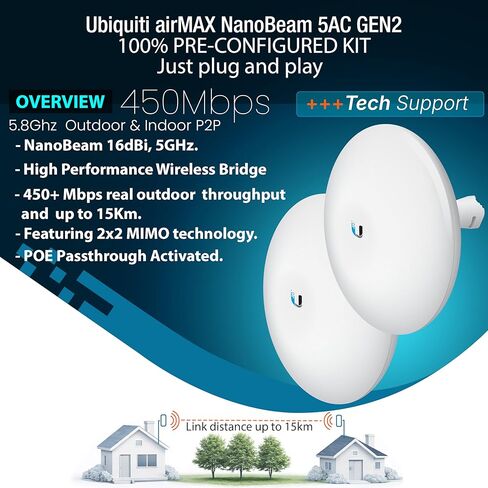 جسر لاسلكي NBE-5AC-GEN2 حزمة مكونة مسبقًا من 2 Ubiquiti NanoBeam 5AC GEN2، 2 حامل J-Pole و2 كابل 50FT CAT 8 - جسر Wi-Fi من نقطة إلى نقطة، التوصيل والتشغيل، سرعة 450+ ميجابت في الثانية، 15 كم in Kuwait