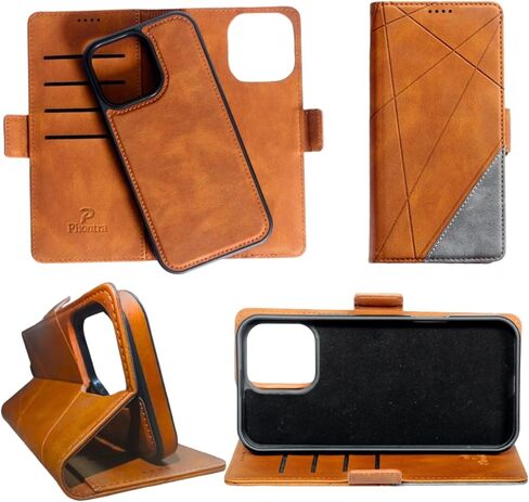 EMF Protection Anti Radiation Cell Phone Wallet Case for iPhone, EMF Blocker Genuine Leather Flip Folio Phone Cover, RFID Blocking Card Holder, MagSafe Case Wallet (Brown/Gray, iPhone 16 Pro Max) in Kuwait