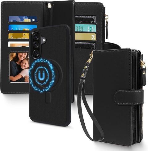 Harryshell 2 in 1 for Samsung Galaxy A17 / A26 Wallet Case Magnetic Compatible with Magsafe RFID Blocking Card Holder Detachable Phone Cover Zipper Purse Kickstand Wrist Strap Women Floral Burgundy in Kuwait